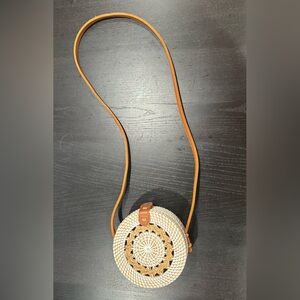 Round Woven Crossbody Bag - Cream and Tan